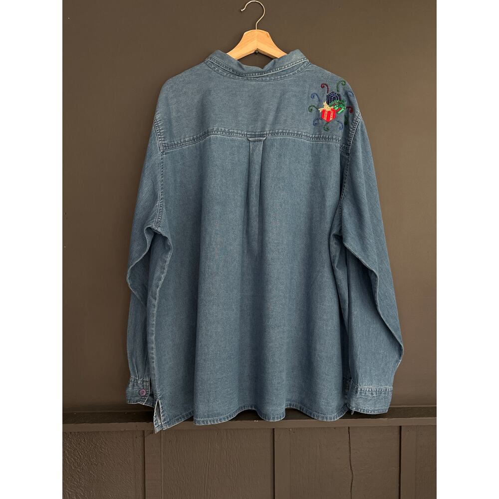 Vintage Christmas Denim Chambray Novelty Santa Embroidered Holiday Shirt Size 3X - Picture 5 of 8
